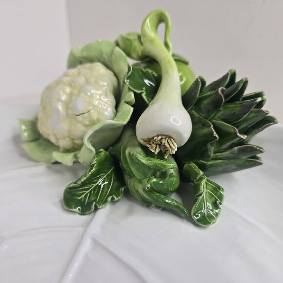 VTG White Leaf Plate Dish W/ 3D Vegetables Italy Cauliflower Artichoke - Picture 4 of 16
